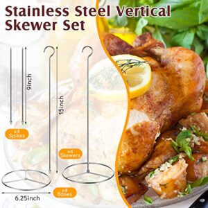 12 Pcs Stainless Steel Vertical Skewer Set Vertical Turkey Hanger Multifunction BBQ Spike Poultry Hanger for Turkey Oven Kebabs Picnic BBQ Dish Easter (4 x 15'' Skewer, 4 x 9'' Spike, 4 x 6.25'' Base)