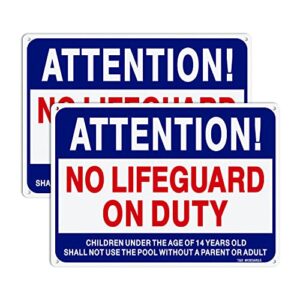 t&r no lifeguard on duty sign, pool sign – 2 pack – 14″x10″ .040 rust free heavy aluminum, reflective, waterproof, weatherproof and fade resistant, 4 pre-drilled holes, easy to mount