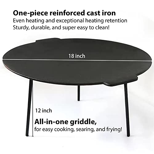 Veryard 18" Cast Iron Campfire Griddle, Round Iron Pan, Portable Grill with 3 Removable Legs for Outdoor BBQ Cooking, Grilling and Frying Outdoor Camping