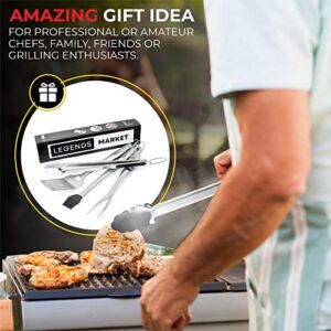 Legends Market BBQ Grill Tools Set - 4-Pcs BBQ Accessories with Grill Tongs, Spatula, Forks, Brush - Heavy Duty Stainless Steel Grill Accessories - Men Gifts Outdoor Grill Sets