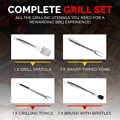 Legends Market BBQ Grill Tools Set - 4-Pcs BBQ Accessories with Grill Tongs, Spatula, Forks, Brush - Heavy Duty Stainless Steel Grill Accessories - Men Gifts Outdoor Grill Sets