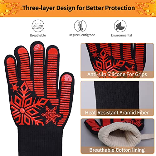 JangBe BBQ Gloves, 1472 Degree F Heat Resistant Grilling Gloves with Fingers Mitts with Gold Non-Slip Oven for Barbecue, Baking, Cooking(1 Pair)