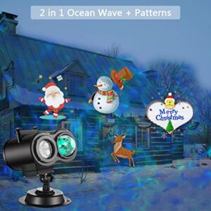 Ocean Wave Christmas Projector Lights 2-in-1 Moving Patterns with Ocean Wave LED Landscape Lights Waterproof Outdoor Indoor Xmas Theme Party Yard Garden Decorations, 14 Slides 10 Colors (Black)