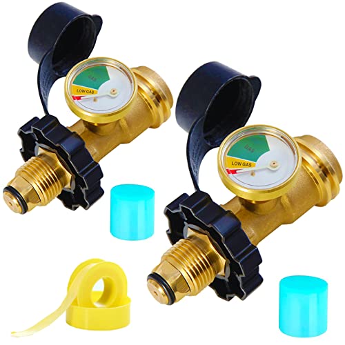 2 Pack POL Propane Tank Adapter with Gauge Converts POL LP Tank Service Valve to QCC1 / Type 1, Old to New Connection Type, 5-100lb Propane Tank Gauge for RV Camper, BBQ Gas Grill, Heater, etc