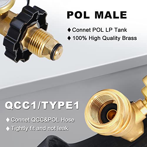 2 Pack POL Propane Tank Adapter with Gauge Converts POL LP Tank Service Valve to QCC1 / Type 1, Old to New Connection Type, 5-100lb Propane Tank Gauge for RV Camper, BBQ Gas Grill, Heater, etc