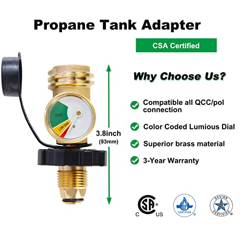 2 Pack POL Propane Tank Adapter with Gauge Converts POL LP Tank Service Valve to QCC1 / Type 1, Old to New Connection Type, 5-100lb Propane Tank Gauge for RV Camper, BBQ Gas Grill, Heater, etc