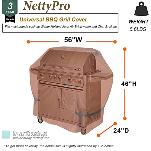 NettyPro BBQ Grill Cover 56 Inch Outdoor Patio 600D Heavy Duty Waterproof 2-3 Burner Barbecue Cover for Weber, Char-Broil, Brinkmann, Nexgrill Grills and More, Brown