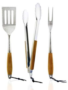 colsen heavy duty 3-piece bbq grilling tool set, stainless steel tongs, spatula, & fork, kitchen utensils set, camping accessories, brown
