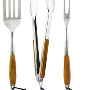 COLSEN Heavy Duty 3-Piece BBQ Grilling Tool Set, Stainless Steel Tongs, Spatula, & Fork, Kitchen Utensils Set, Camping Accessories, Brown