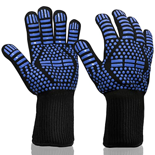 Extreme Heat Resistance BBQ Gloves, Oven Mitts, Non-Slip, Food Grade, for Grilling, BBQ, Baking or Firepit. (Blue)