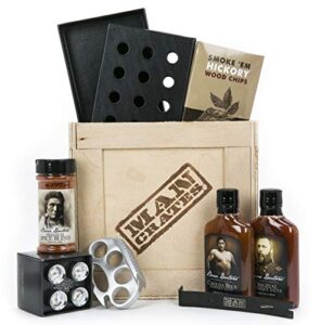 man crates grill master crate with wood chips, smoker box, sauce and tenderizer – great gifts for men