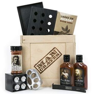 Man Crates Grill Master Crate with Wood Chips, Smoker Box, Sauce and Tenderizer – Great Gifts for Men