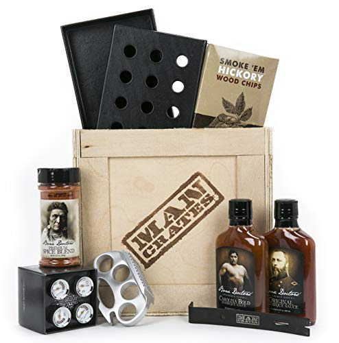 Man Crates Grill Master Crate with Wood Chips, Smoker Box, Sauce and Tenderizer – Great Gifts for Men