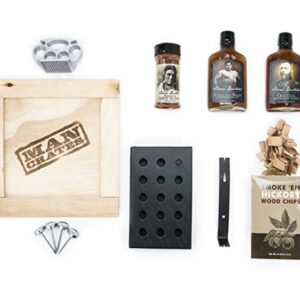 Man Crates Grill Master Crate with Wood Chips, Smoker Box, Sauce and Tenderizer – Great Gifts for Men