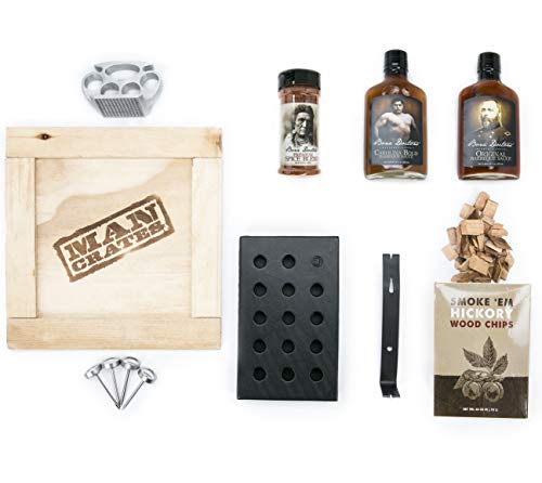 Man Crates Grill Master Crate with Wood Chips, Smoker Box, Sauce and Tenderizer – Great Gifts for Men