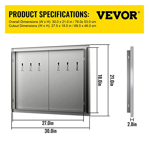 VEVOR Double BBQ Access Door, 30''Wx21''H Outdoor Kitchen Doors, Double Wall Construction Outdoor Cabinets with Hooks, Brushed Stainless Steel BBQ Door Easy to Install for BBQ Island Grill Station