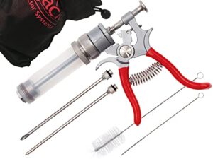 spitjack magnum meat injector. food flavor injection syringe for smoked bbq marinades and meat seasoning. 2 needles for pork butt, beef brisket, turkey breast. 50ml capacity. made in the usa.