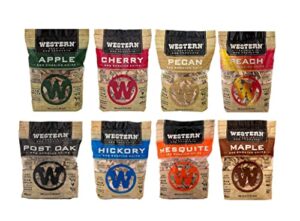 western wood 8 pack smoker chips variety pack 180 cu in bags – apple, cherry, pecan, peach, post oak, hickory, mesquite, and maple for bbq enthusiasts