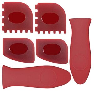 wetest 2 silicone hot handle cover, 2 plastic grill pan scrapers, 2 plastic pan scrapers for cast iron skillets, frying pans and griddles, red (6 pack scraper plastic set r)