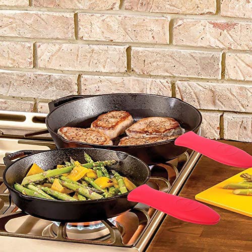WeTest 2 Silicone Hot Handle Cover, 2 Plastic Grill Pan Scrapers, 2 Plastic Pan Scrapers for Cast Iron Skillets, Frying Pans and Griddles, Red (6 Pack Scraper Plastic Set R)