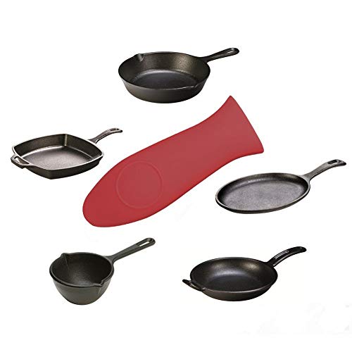 WeTest 2 Silicone Hot Handle Cover, 2 Plastic Grill Pan Scrapers, 2 Plastic Pan Scrapers for Cast Iron Skillets, Frying Pans and Griddles, Red (6 Pack Scraper Plastic Set R)