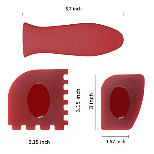 WeTest 2 Silicone Hot Handle Cover, 2 Plastic Grill Pan Scrapers, 2 Plastic Pan Scrapers for Cast Iron Skillets, Frying Pans and Griddles, Red (6 Pack Scraper Plastic Set R)