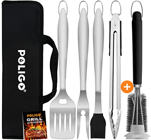 POLIGO 5PCS BBQ Grill Accessories Set in Carrying Bag Bundle with Safe Stainless Steel Wire Grill Brush and Scraper for All Barbecue Grills - Ideal Birthday Father's Day Grilling Gifts for Men Dad