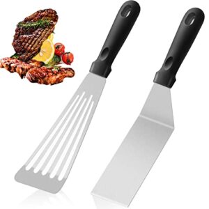 2pcs fish spatula, broppiey heavy duty stainless steel metal spatulas for cast iron skillet, griddle, flat top grill, slotted fish turner spatula can flipper egg pancake hamburger, hanging hole black