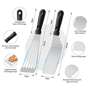 2pcs Fish Spatula, Broppiey heavy duty Stainless Steel Metal Spatulas for Cast Iron Skillet, Griddle, Flat Top Grill, Slotted Fish Turner Spatula Can Flipper Egg Pancake Hamburger, Hanging Hole Black