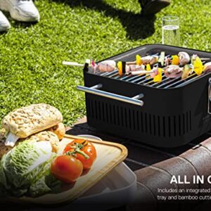 Everdure CUBE Portable Charcoal Grill, Tabletop BBQ, Perfect Tailgate, Beach, Patio, or Camping Grill, Lightweight & Compact Small Grill with Preparation Board & Food Storage Tray, Matte Black