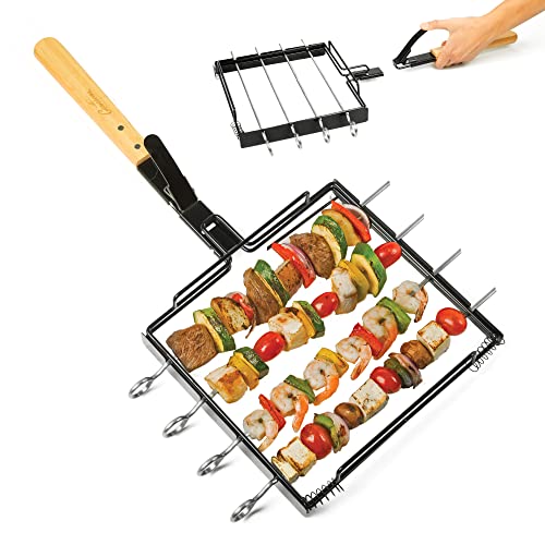 Camerons BBQ Skewer Rack Set - Includes Detachable Handle & 4 Non-Stick Stainless Steel Skewers for Grilling Barbecue Shish Kabobs, Meat, Vegetables & More - Great Father's Day Grilling Gift for Dad