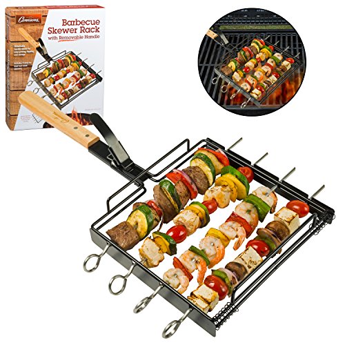 Camerons BBQ Skewer Rack Set - Includes Detachable Handle & 4 Non-Stick Stainless Steel Skewers for Grilling Barbecue Shish Kabobs, Meat, Vegetables & More - Great Father's Day Grilling Gift for Dad