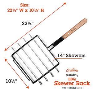 Camerons BBQ Skewer Rack Set - Includes Detachable Handle & 4 Non-Stick Stainless Steel Skewers for Grilling Barbecue Shish Kabobs, Meat, Vegetables & More - Great Father's Day Grilling Gift for Dad