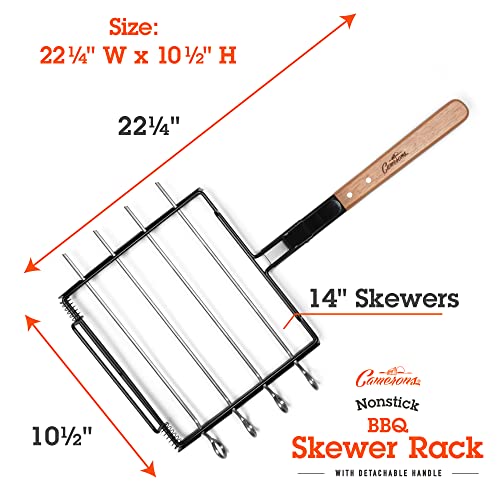 Camerons BBQ Skewer Rack Set - Includes Detachable Handle & 4 Non-Stick Stainless Steel Skewers for Grilling Barbecue Shish Kabobs, Meat, Vegetables & More - Great Father's Day Grilling Gift for Dad