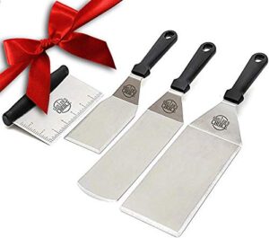 grillers choice – griddle accessories – 4 pc -commercial stainless steel metal spatula set – flat metal spatula, griddle scrapper, hamburger pancake turner – professional grade