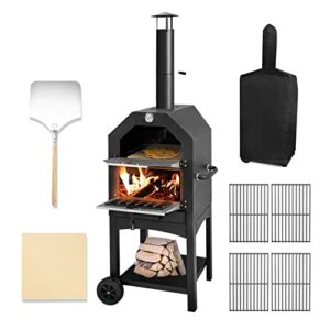 u-max outdoor portable pizza oven wood fired oven with waterproof cover, steel pizza grill, 2 removable wheels, pizza maker camping cooker with pizza stone