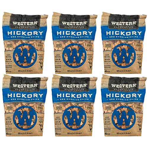 WESTERN Premium BBQ 180 Cubic Inch Hickory Barbecue Flavorful Heat Treated Grilling Smoking Wood Chips for Charcoal Gas and Electric Grills (6 Pack)