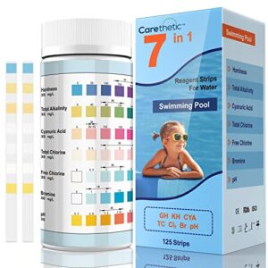pool test strips – 7 in 1 pool test kit – 125 counts spa and hot tub test strips for total hardness, bromine, ph, chlorine, total alkalinity, cyanuric acid – quick and accurate by carethetic