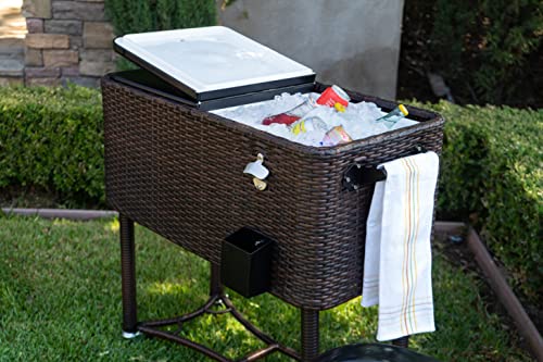 Permasteel 80-Qt Hand-Woven Wicker Patio Cooler with Wheels | Beverage Rolling Cooler for Backyard Deck, PS-A208-BB, Outdoor Drink Cart, Rattan Style, Brown