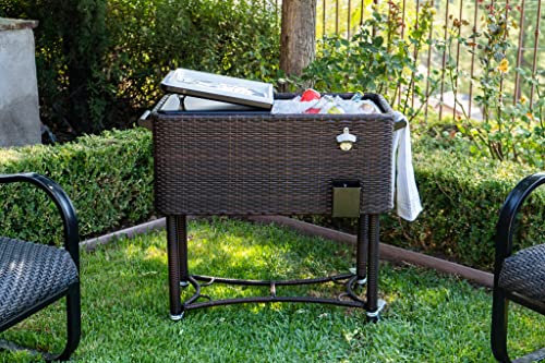 Permasteel 80-Qt Hand-Woven Wicker Patio Cooler with Wheels | Beverage Rolling Cooler for Backyard Deck, PS-A208-BB, Outdoor Drink Cart, Rattan Style, Brown