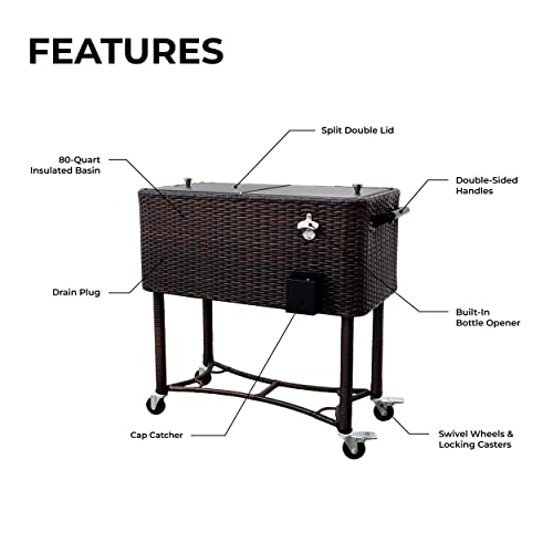 Permasteel 80-Qt Hand-Woven Wicker Patio Cooler with Wheels | Beverage Rolling Cooler for Backyard Deck, PS-A208-BB, Outdoor Drink Cart, Rattan Style, Brown