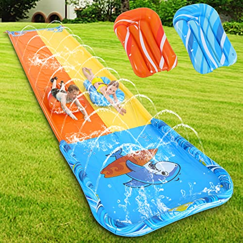 Water Slide for Kids Adult,Inflatable Water Splash Slide Summer Outdoor Toys with 2 Bodyboards Lanes Slip Racing Lawn Water Slide with Water Sprayer Build in Sprinkler for Backyard 20ft