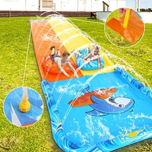 Water Slide for Kids Adult,Inflatable Water Splash Slide Summer Outdoor Toys with 2 Bodyboards Lanes Slip Racing Lawn Water Slide with Water Sprayer Build in Sprinkler for Backyard 20ft