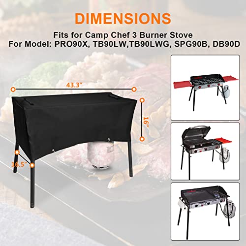 Grisun Patio Cover for Camp Chef 3 Burner Stoves, Waterproof Anti-Fade 3 Burner Stove Cover for PRO90X, TB90LW, TB90LWG, SPG90B, Hooks Design for Fix, Handle for Easy Lifting, 600D Fabric, Black