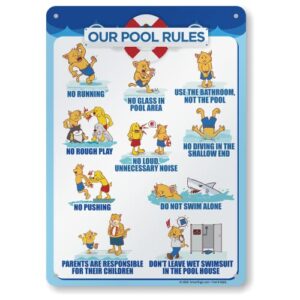 smartsign 14 x 10 inch “our pool rules – no running, no glass in pool area, no rough play…” metal sign, 40 mil laminated rustproof aluminum, multicolor