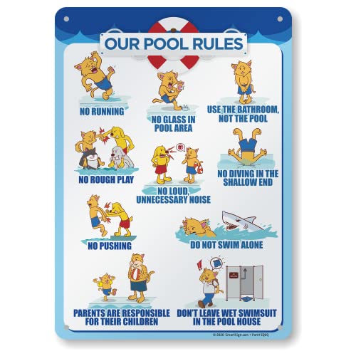 SmartSign 14 x 10 inch “Our Pool Rules - No Running, No Glass In Pool Area, No Rough Play…” Metal Sign, 40 mil Laminated Rustproof Aluminum, Multicolor