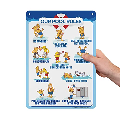 SmartSign 14 x 10 inch “Our Pool Rules - No Running, No Glass In Pool Area, No Rough Play…” Metal Sign, 40 mil Laminated Rustproof Aluminum, Multicolor