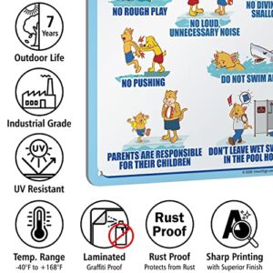 SmartSign 14 x 10 inch “Our Pool Rules - No Running, No Glass In Pool Area, No Rough Play…” Metal Sign, 40 mil Laminated Rustproof Aluminum, Multicolor