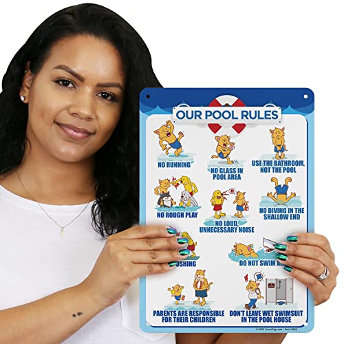 SmartSign 14 x 10 inch “Our Pool Rules - No Running, No Glass In Pool Area, No Rough Play…” Metal Sign, 40 mil Laminated Rustproof Aluminum, Multicolor