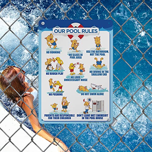 SmartSign 14 x 10 inch “Our Pool Rules - No Running, No Glass In Pool Area, No Rough Play…” Metal Sign, 40 mil Laminated Rustproof Aluminum, Multicolor